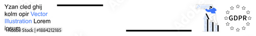Data security, online privacy, regulations, analytics, compliance, GDPR. Graphic shows compliance checklist, document analysis GDPR symbol. Data security and online privacy concepts