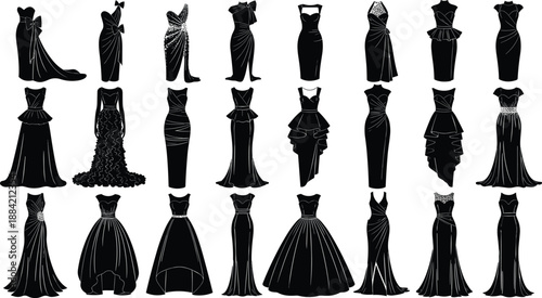 Elegant black evening gown silhouettes collection, luxury women dress designs, formal fashion apparel, cocktail and bridal dress vector illustration set