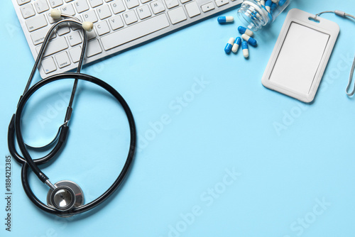 Stethoscope, badge, pc keyb...