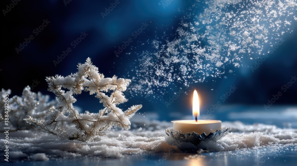Fototapeta premium A serene winter scene depicts a menorah candle's gentle glow against the backdrop of a star of David formed by falling snow, set against a deep blue night sky. 