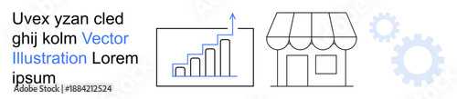 Business growth, retail strategy, analytics presentation, small business marketing, e-commerce development, process optimization. A graph, storefront and gear symbol. Business growth and retail