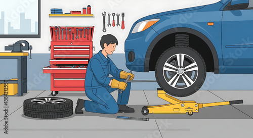 Mechanic repairing a car using a jack in a garage with tools and spare tire
