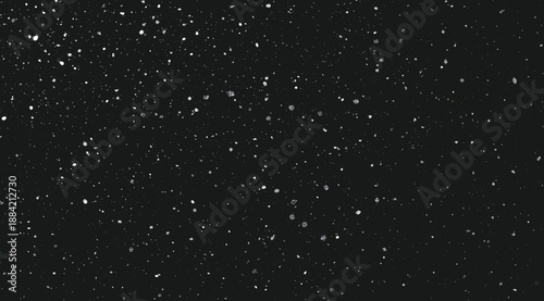 Abstract black background with floating white dust particles and tiny dots, space-like grain texture vector illustration for night sky, snowfall effect, cosmic backdrop, overlay, motion graphics and m