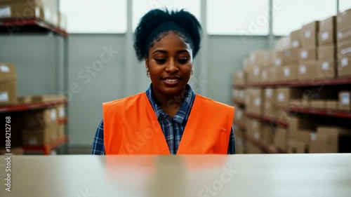 Young smiling African American woman working in a postal service warehouse. The young woman enjoys her day working diligently in a vibrant postal service warehouse.