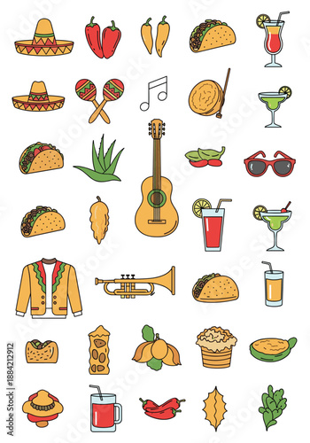 Colorful collection of mexican cultural icons including sombreros, tacos, maracas, guitar, trumpet, and traditional beverages.