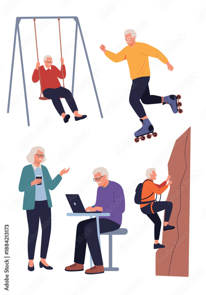 Fototapeta premium Group of active senior citizens enjoying various activities such as rollerblading, rock climbing, swinging, and working on a laptop.