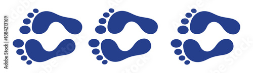Set of three blue human footprint pairs walking in a horizontal sequence. Minimalist step trail isolated on white background.
