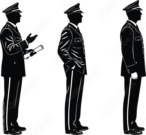 Vector black silhouette set of military officer in uniform with peaked cap standing in side view, isolated on white background.