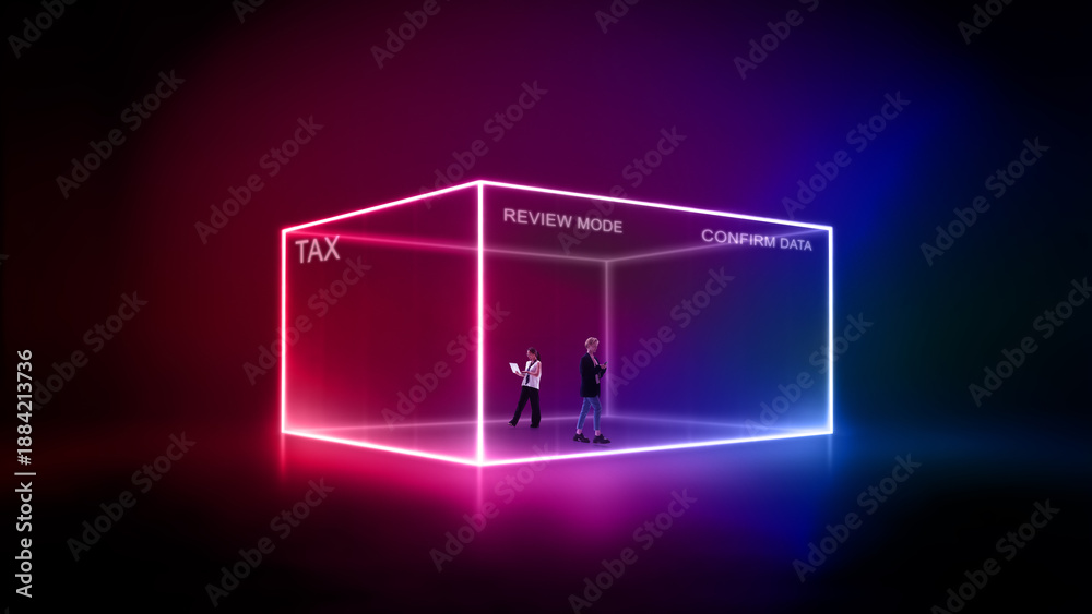 Fototapeta premium Futuristic composition. Two people inside glowing tax review cube. Concept of data verification, audit process, secure digital systems, modern financial control environment.