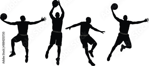 Vector collection of black basketball player silhouettes in action poses including jumping, shooting, and dunking isolated on white background.