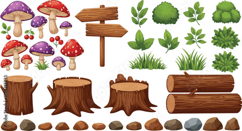 Vector cartoon collection of forest nature elements including wooden stumps logs signposts mushrooms and stones isolated on white background for game landscape design.