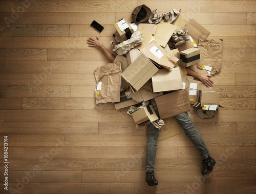 Exhausted man submerged by empty boxes, concept of excessive consumerism and compulsive online shopping
