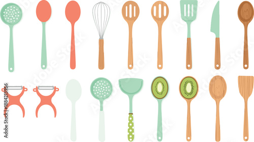 Vector collection of kitchen cooking utensils set including spoons spatulas whisk and peelers isolated on white background for home culinary food preparation design.
