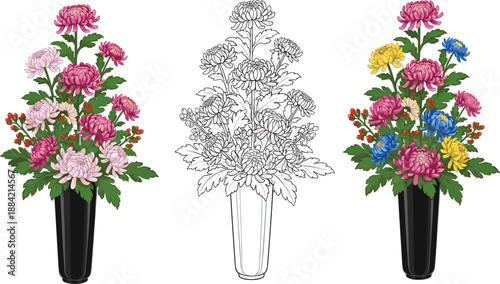 Vector illustration of chrysanthemum flower arrangements in vases including a pink bouquet a line art version and a colorful multi-color design