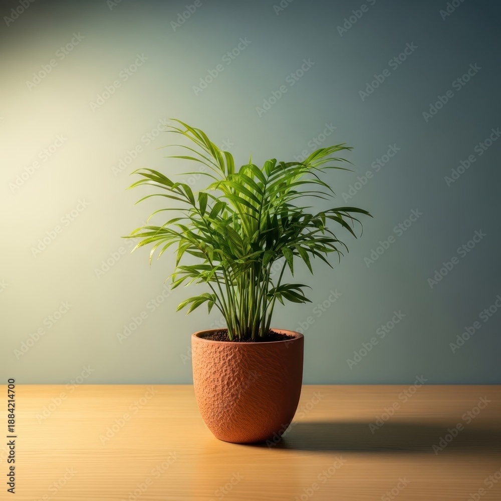Fototapeta premium A vibrant green houseplant in a terracotta pot sitting on a wooden desk, symbolizing growth and fresh indoor air quality, leaf, organic, thriving