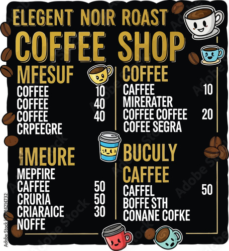 Coffee Shop Menu Board with Coffee Cups and Beans on a Dark Background from a Front View