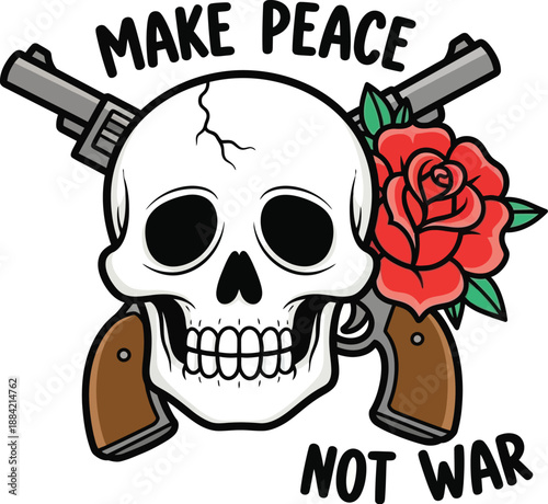 A skull surrounded by guns and a red rose conveying a message of peace