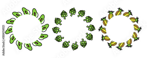 Three circular wreaths of avocado halves, artichokes, and pineapples arranged symmetrically on white background