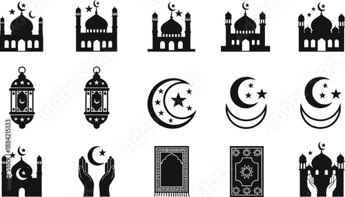 Islamic Ramadan silhouette icon set with mosques lanterns crescent moons prayer hands carpets and religious celebration symbols