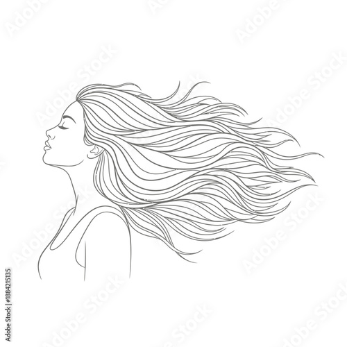 A serene woman with flowing hair is depicted in a simple line drawing, capturing a moment of peaceful elegance.