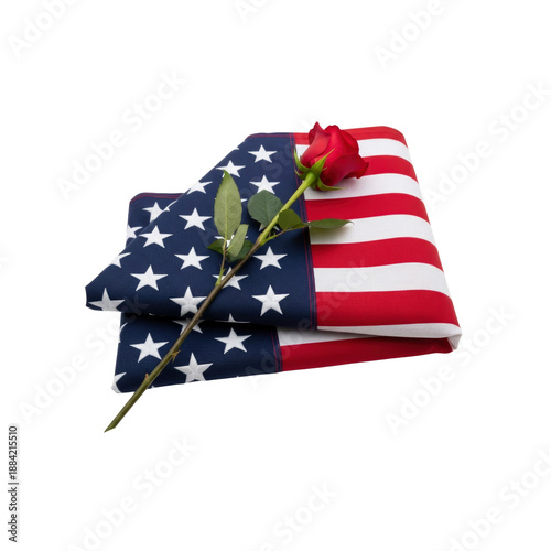 Folded American flag with red roseon Transparent background