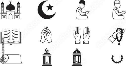 Islamic prayer and worship icon set with mosque crescent Quran praying hands lantern and Ramadan religious symbols