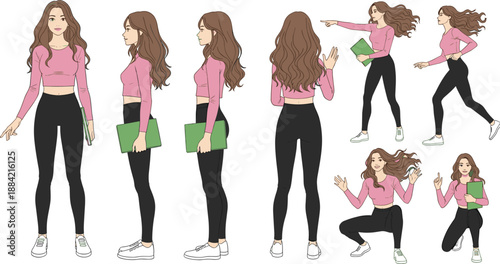 Vector illustration set of young woman character in pink top and leggings posing in various actions like running and standing isolated on white background.