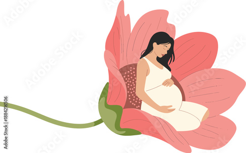 Pregnant Woman Resting Inside a Large Pink Flower Blossom, Concept of Maternal Serenity, Natural Fertility, New Life Celebration, and Prenatal Wellness Vector Illustration