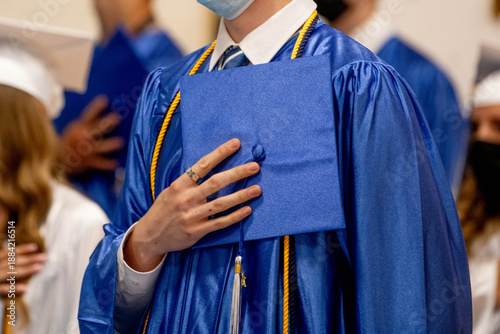 Fotografie A young adult high school graduate in blue cap and gown with gold honor cords ho