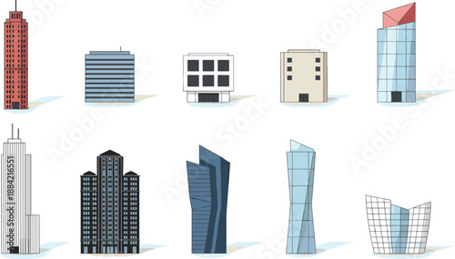 Vector Set of Modern Skyscrapers and Tall City Buildings Clipart, Futuristic Financial District Architecture Collection, Urban Office Tower Silhouette, Abstract Corporate Real Estate Map Icon Element
