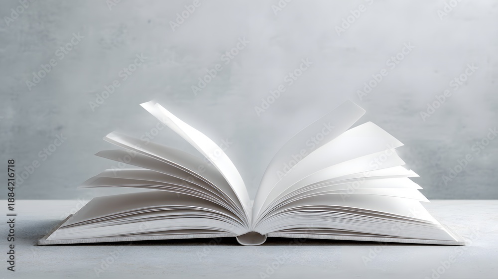 Fototapeta premium Close-Up of an Open Blank Book with Soft Sunlight Shadows