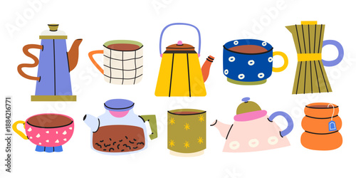 Modern ceramic cups and kettle set for tea, matcha and coffee. Cartoon doodle mugs, teapot decorated with design elements. Porcelain kitchenware stickers. Beverage vector illustration