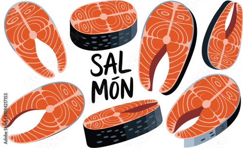 Fresh Salmon Steaks and Fillets Collection on a Pale Blue Background, Concept of Healthy Seafood Nutrition, Gourmet Culinary Ingredients, High-Protein Diet, and Ocean Freshness Vector Illustration