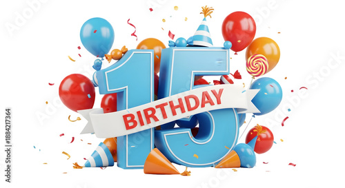 Happy 15th birthday wishes with colorful balloons and party decorations isolated on transparent background