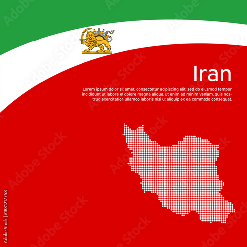 Waving flag of iran lion and sun. Protest, riot, revolution. Iranian patriotic banner. Mosaic map. Background for patriotic protest poster, flyer, card. Iran national booklet. Vector flat design