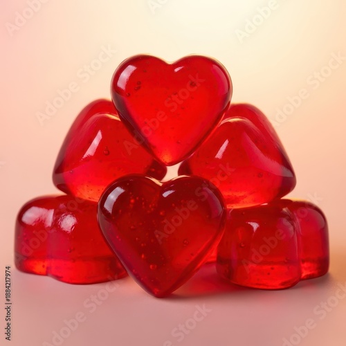 A vibrant pile of translucent red gelatin hearts used as a sweet symbol of affection, delicious dessert snack food, detail, food, dessert