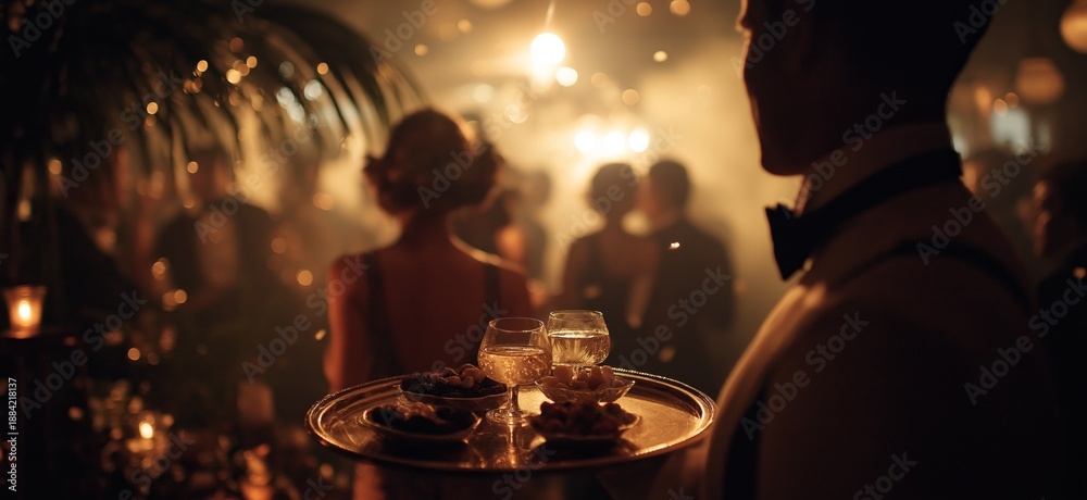 Obraz premium Waiter carrying tray at glamorous party. Waiter carrying a silver tray with drinks and food at a blurred, elegant party scene