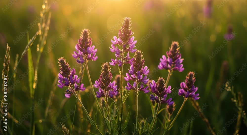 Obraz premium Beautiful cluster of vibrant purple wildflowers thriving under the bright, warm summer sun, highlighting natural beauty and growth in a field, sunlight, flora, fresh