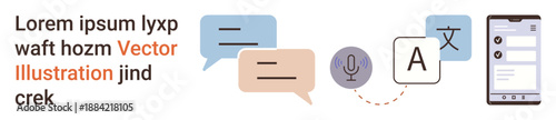 Language learning, communication tools, digital translation, voice processing, technology integration, global interaction. Speech bubbles, microphone text symbols and smartphone . Language learning