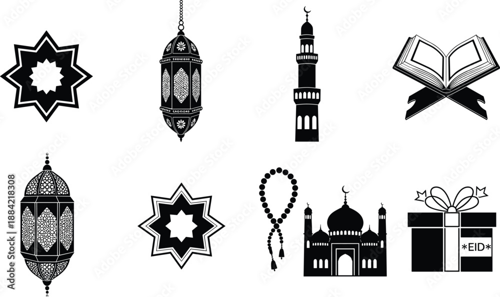 Naklejka premium PrintIslamic Ramadan icon set with lanterns mosque Quran prayer beads and Eid celebration religious symbols illustration