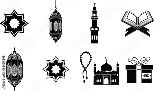 PrintIslamic Ramadan icon set with lanterns mosque Quran prayer beads and Eid celebration religious symbols illustration
