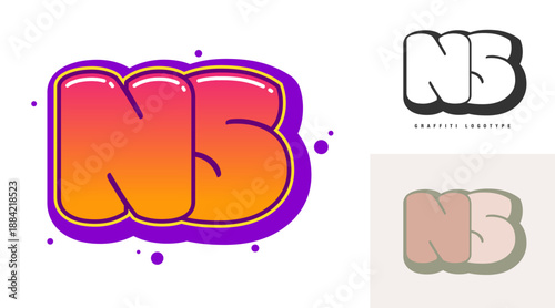 NS logo design for festival or party. Initial letter n and s in graffiti style. Creative modern lettering company name of font typography. Kids trendy logotype or identity.