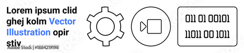 Text alongside gear, video camera icon, and binary code. Ideal for technology, data processing, automation, programming, media, analytics simple landing page