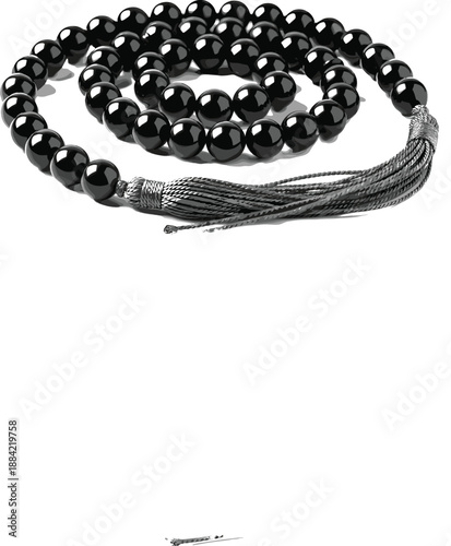 Islamic tasbih prayer beads illustration with black rosary strand and tassel for spiritual worship and religious meditation concept