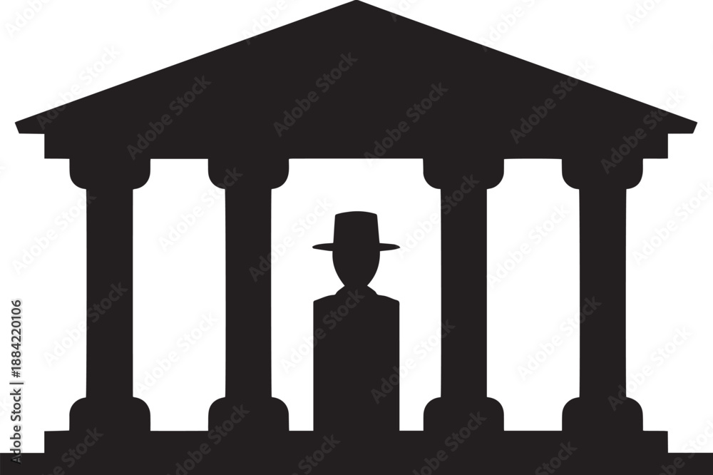 Fototapeta premium Man in Hat Standing in Front of Ancient Greek Temple Silhouette