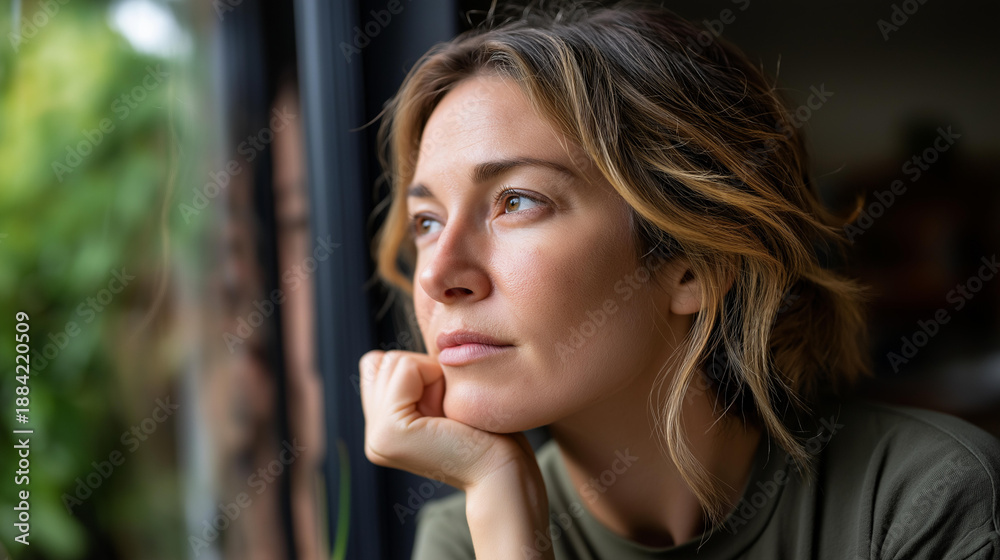 Naklejka premium Caregiver burnout concept with woman gazing thoughtfully out window, faceless person, deep emotion expression, reflective moment, defocused background, with copy space