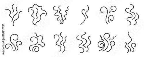 Set of doodles of hot steam, smell. Icon of smell rising from a cup of hot coffee, food, heat, etc. Doodles of hot steam on a transparent background. Vector illustration.