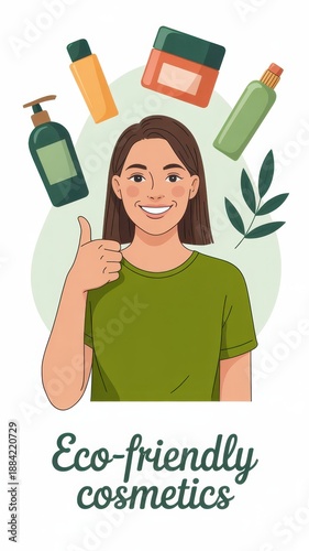 Smiling woman giving a thumbs up, surrounded by cosmetic bottles and a leaf branch, wearing a green shirt on a light background with the text “Eco-friendly cosmetics”.