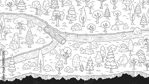 Detailed black and white nature scene illustration for coloring featuring trees, a river, and woodland elements.