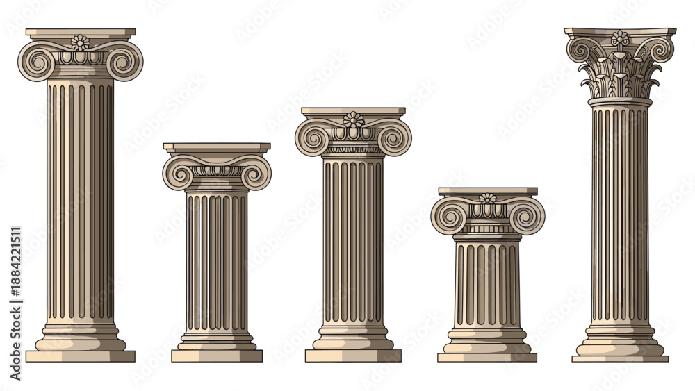 Obraz premium Collection of five classical architectural pillars of different heights featuring intricate capitals and fluted shafts.